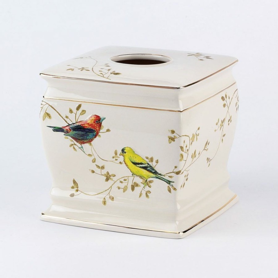 Tissue Box Holders * | Hot Sale Tissue Box Holders Avanti Gilded Birds Tissue Cover Ivory